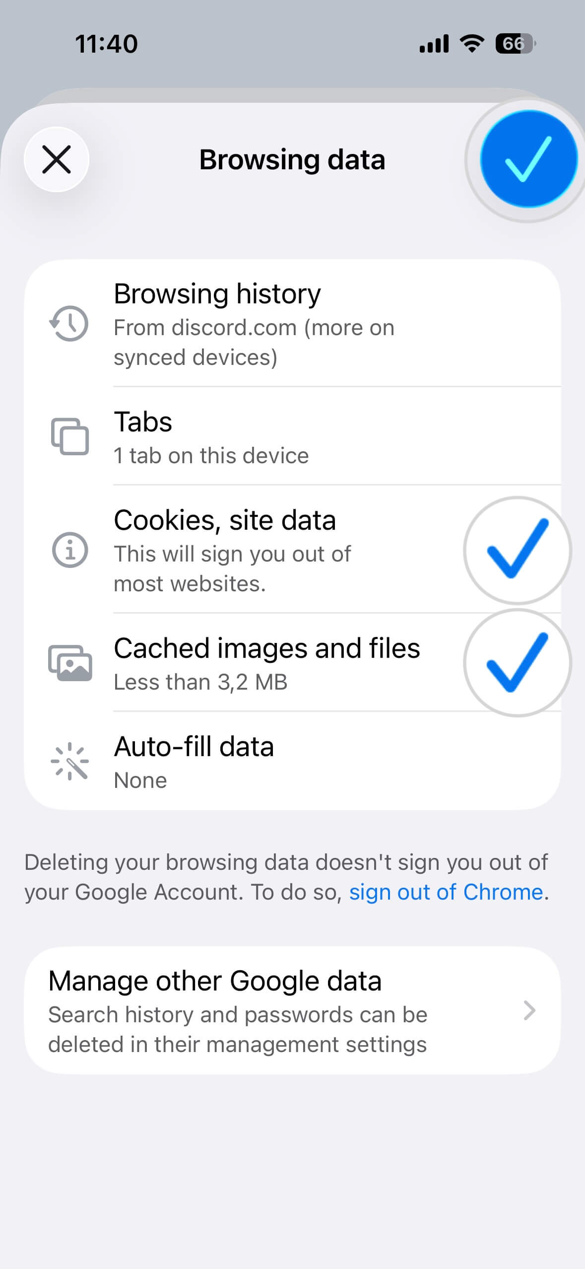 Optionen zur Auswahl von Datentypen zum Löschen des Chrome-Caches auf dem iPhone