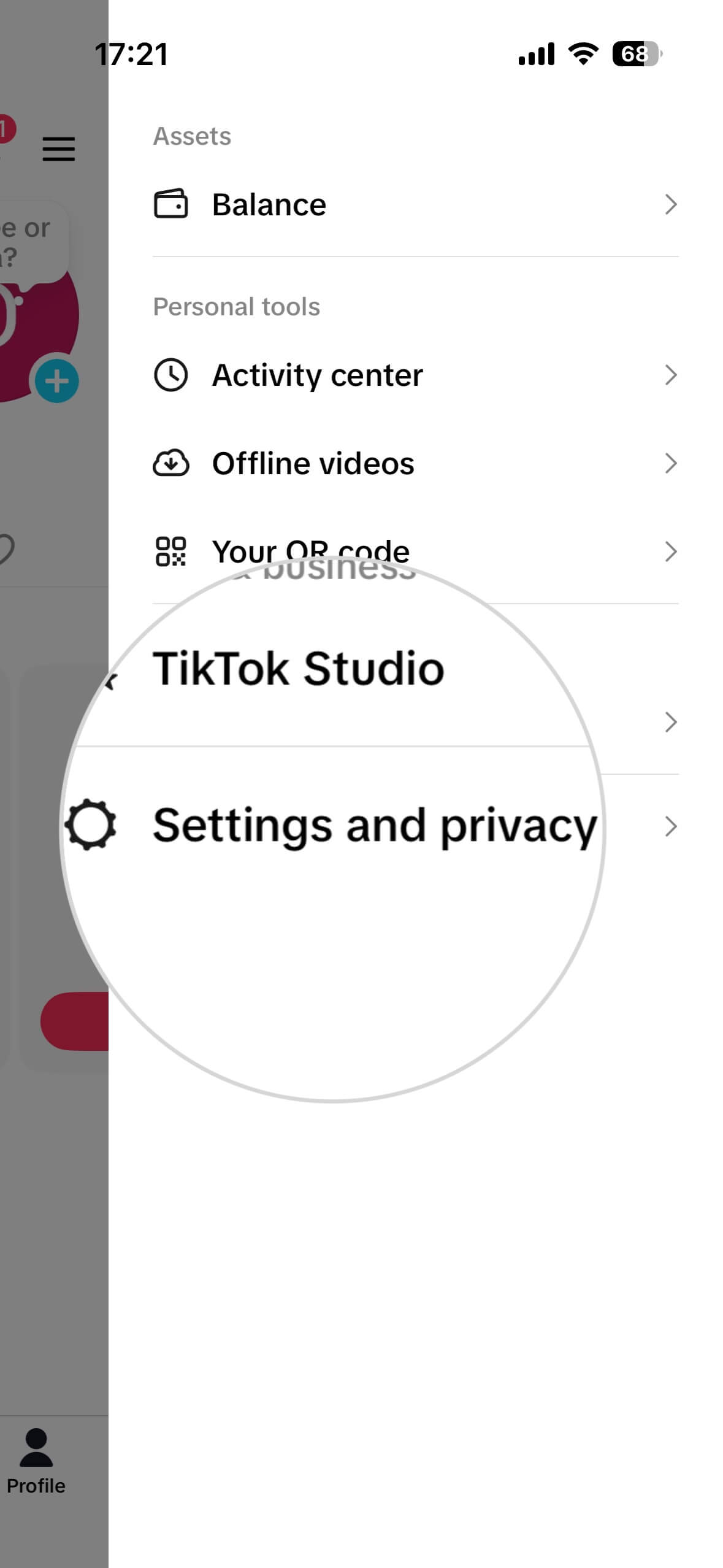 Einstellungen für TikTok auf dem iPhone mit hervorgehobener Option Einstellungen und Datenschutz