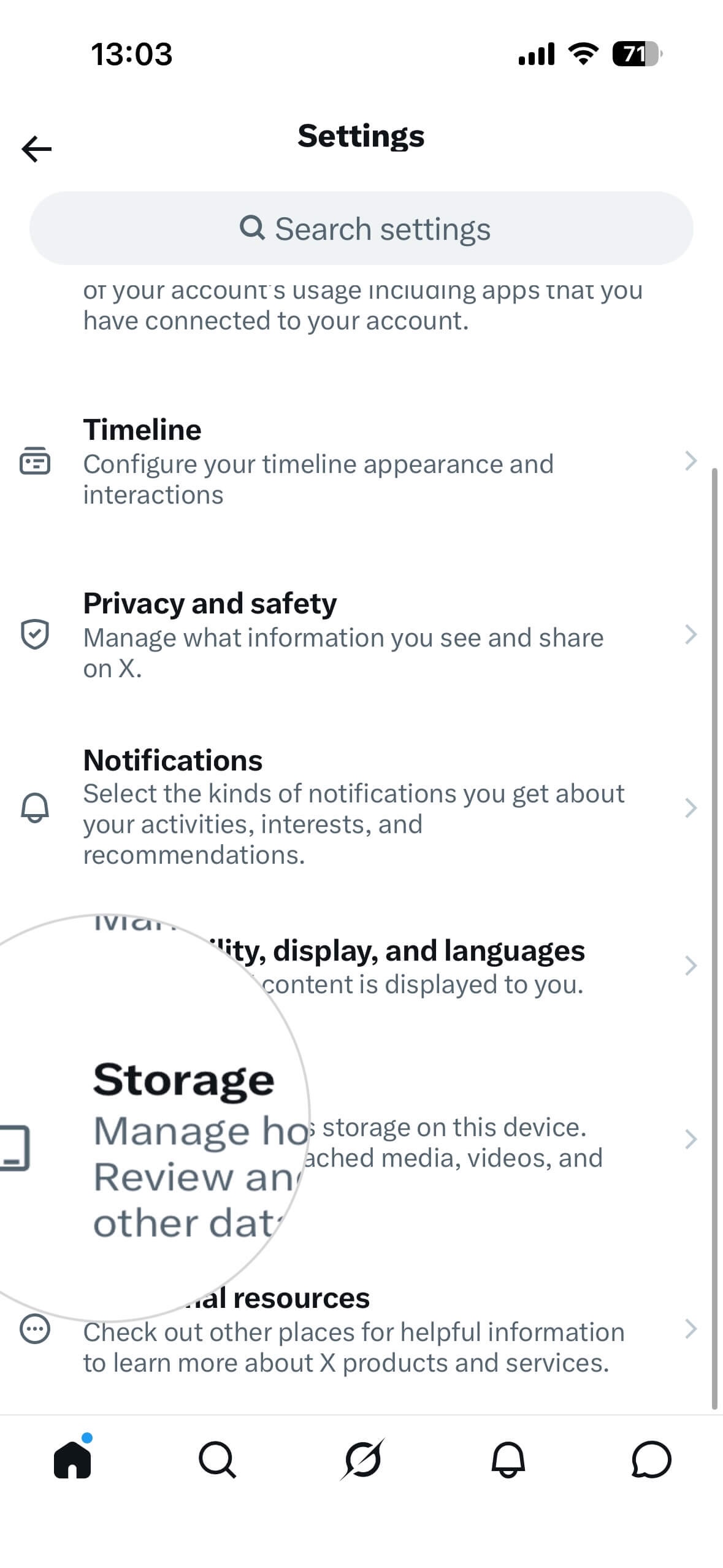 Einstellungen und Datenschutzoptionen für X auf dem iPhone mit einer hervorgehobenen Speicher-Option