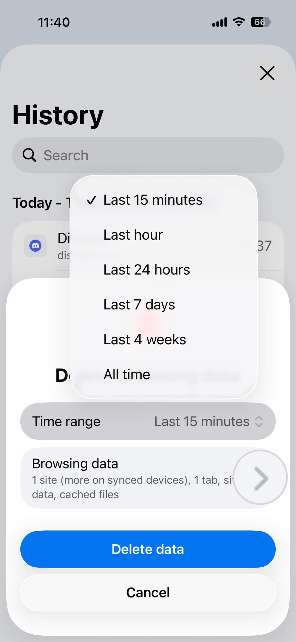 Einstellungen zum Löschen des Chrome-Caches auf dem iPhone mit Anzeige der Zeitraum-Optionen