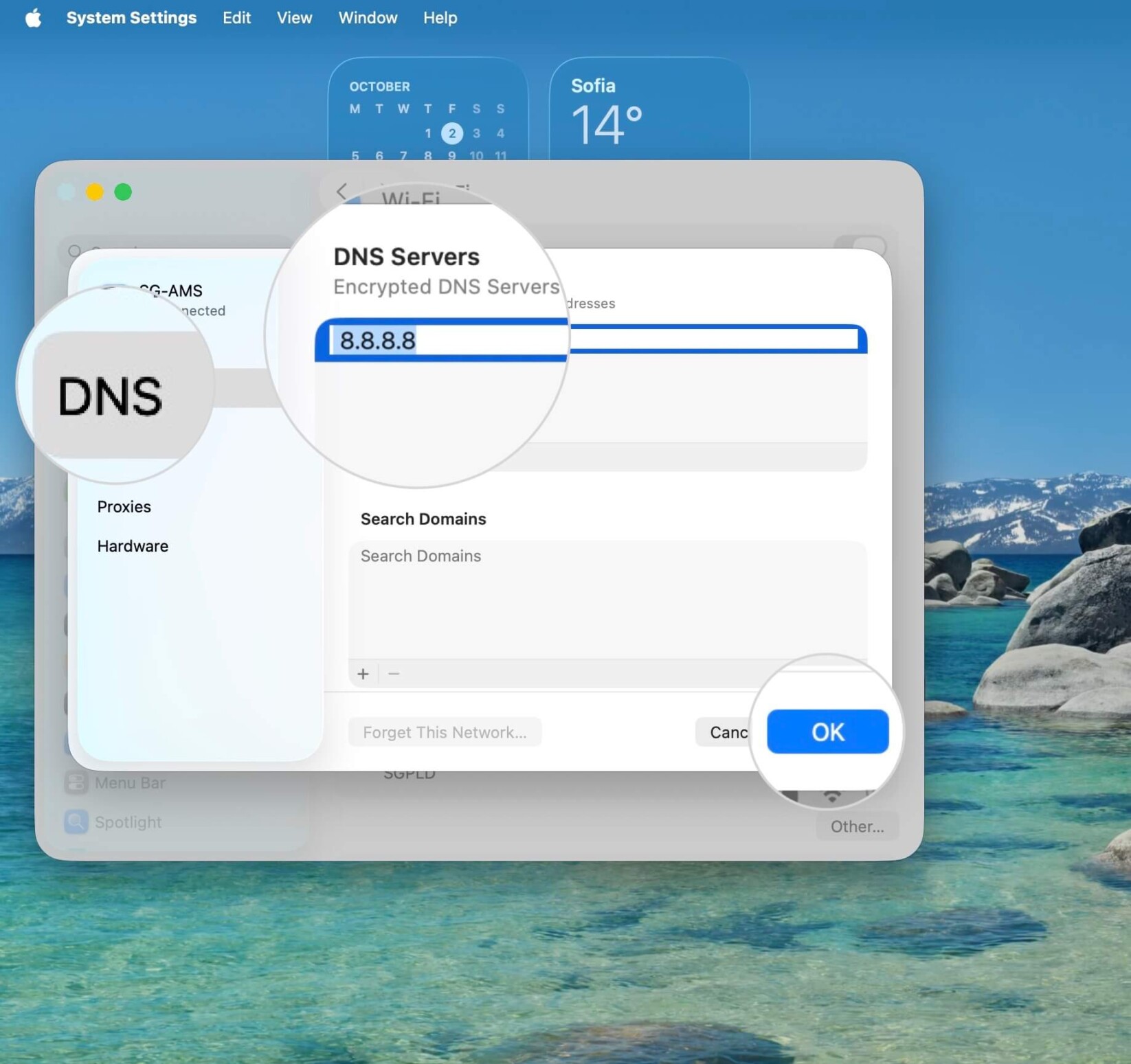 Impostazioni DNS su Mac dove sono impostati gli indirizzi del server DNS di Google