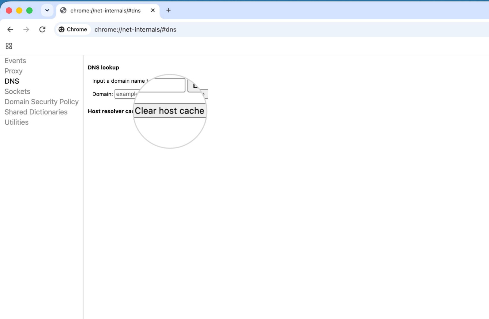 Impostazioni DNS in Google Chrome dove puoi svuotare la cache dell'host