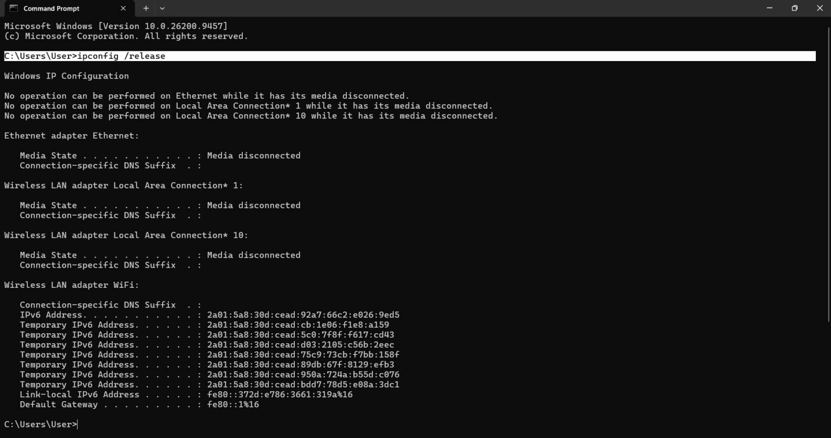 Prompt dei comandi su Windows con il comando ipconfig /release inserito