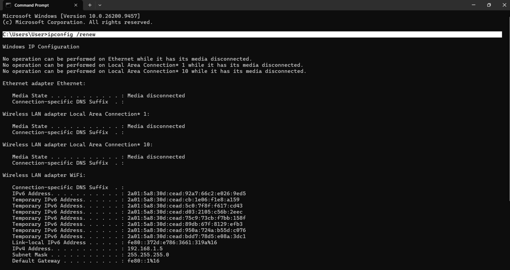 Prompt dei comandi su Windows con il comando ipconfig /renew inserito