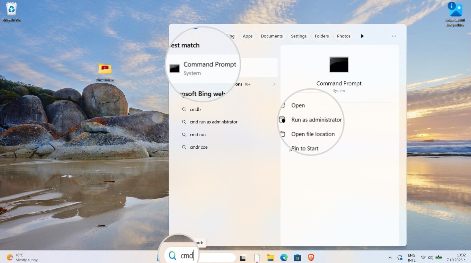 Barra di ricerca di Windows che visualizza il programma di avvio dell'applicazione Prompt dei comandi