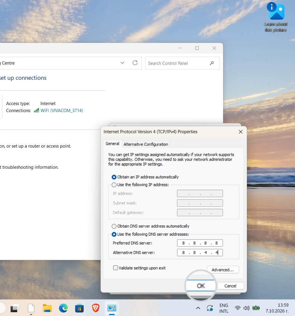 Indirizzi del server DNS pubblico di Google impostati nelle impostazioni di rete di un computer Windows