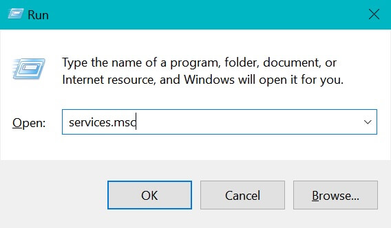 L'applicazione Esegui su Windows dove viene avviato services.msc