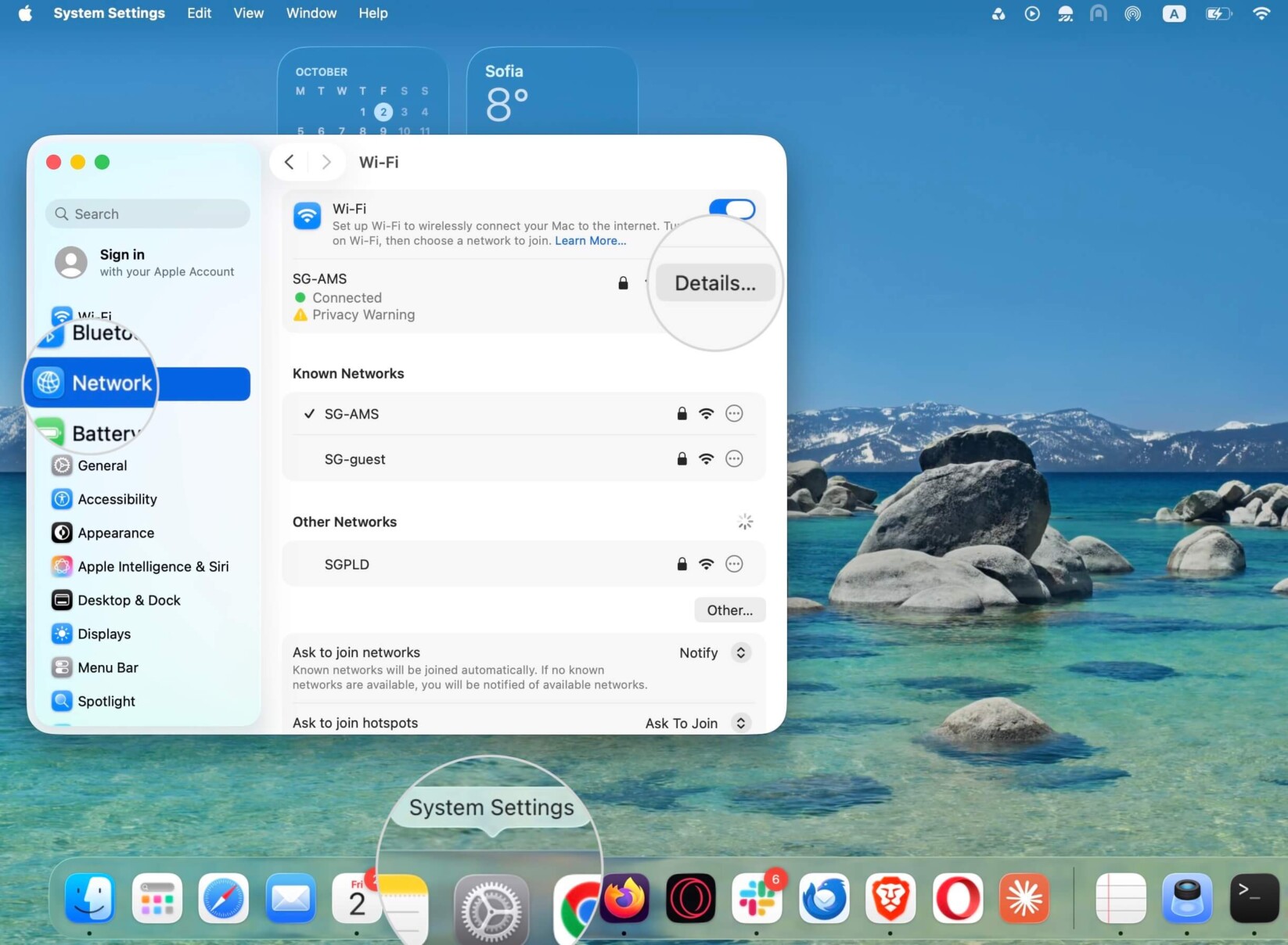 Finestra Impostazioni di sistema su macOS dove è selezionato il pulsante Dettagli della rete corrente