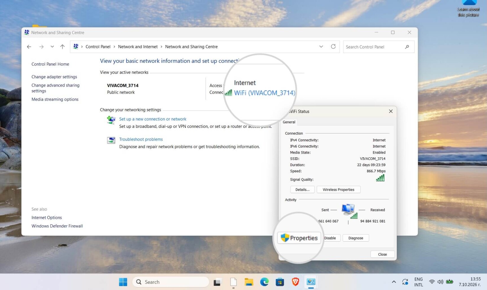 Impostazioni di rete su Windows dove sono selezionate le Proprietà della tua rete attiva