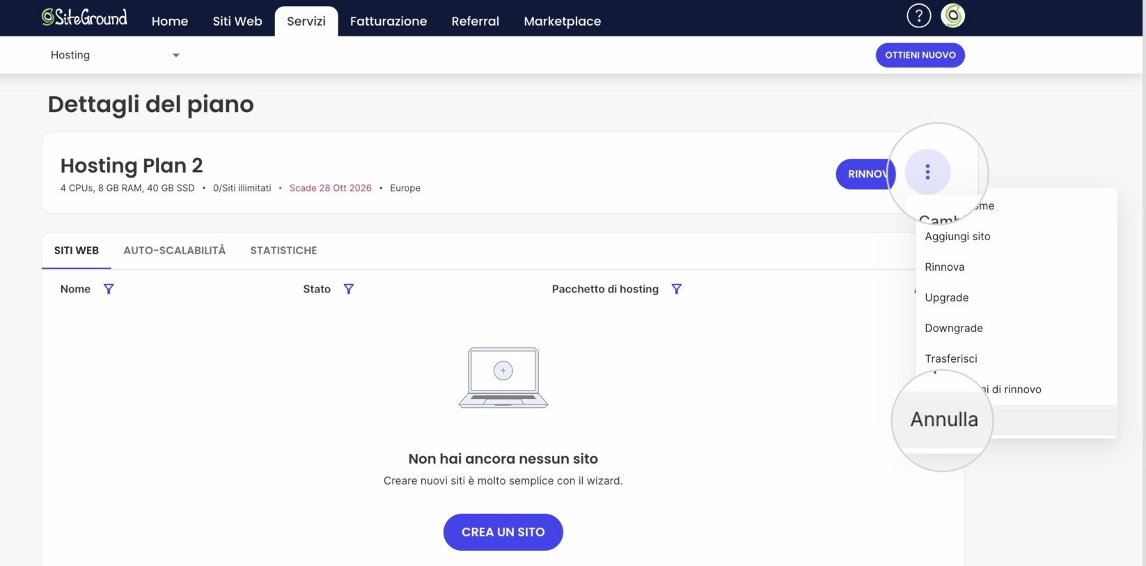Annulla hosting plan SiteGround