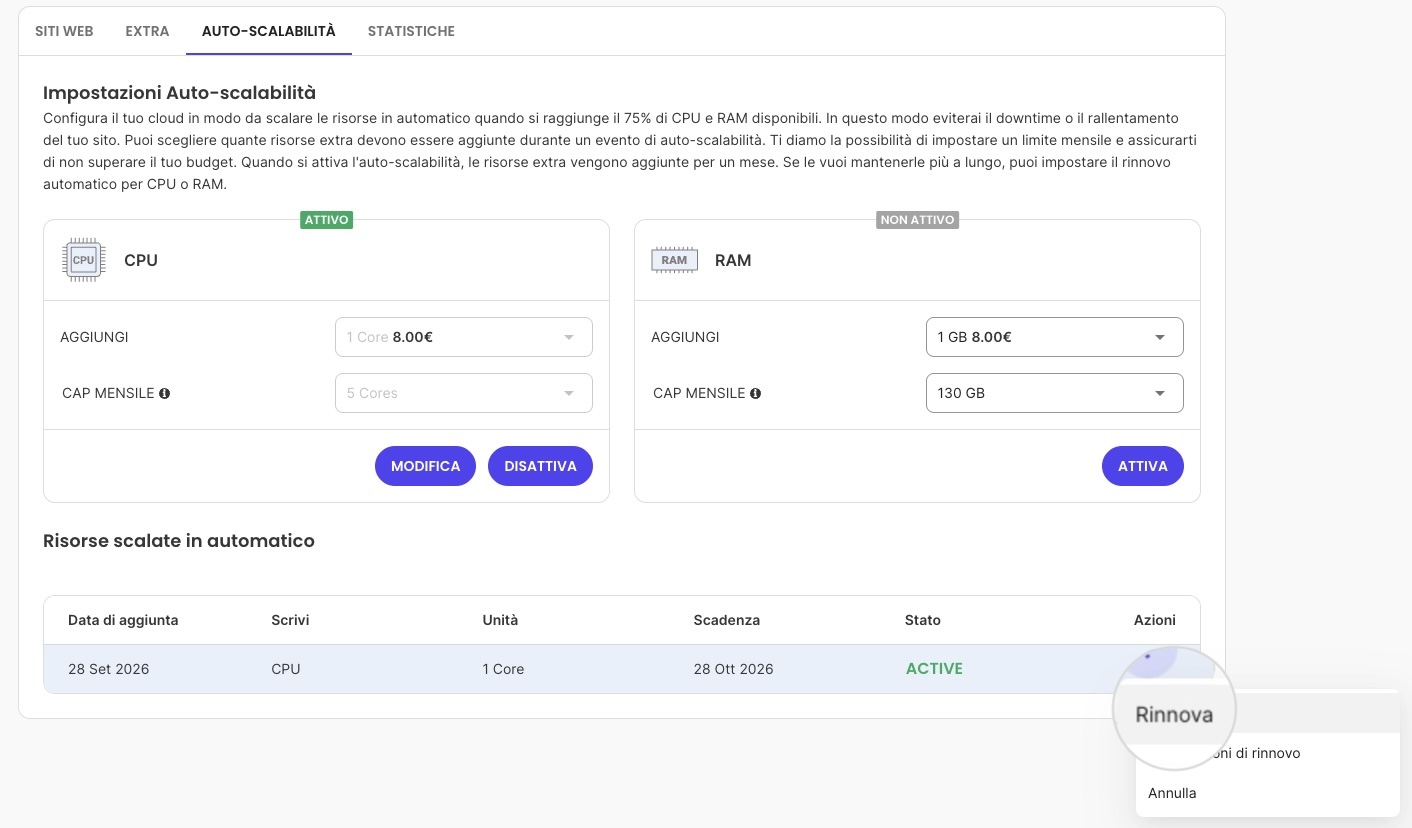 Configurare manualmente un rinnovo una tantum cloud hosting