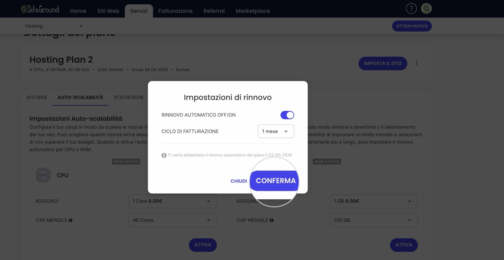 Configurare il rinnovo automatico
