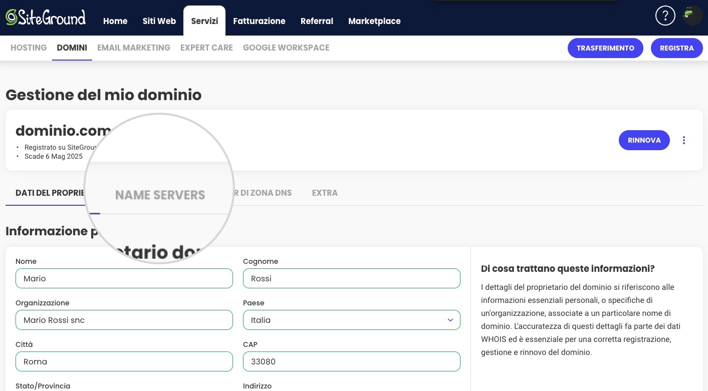 scheda nameservers in siteground