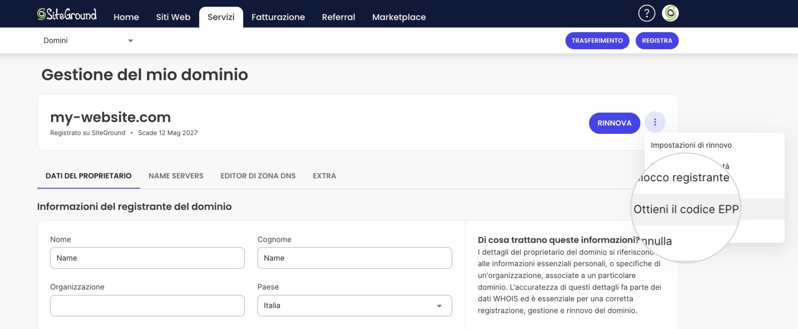 Ottieni codice EPP SiteGround hosting