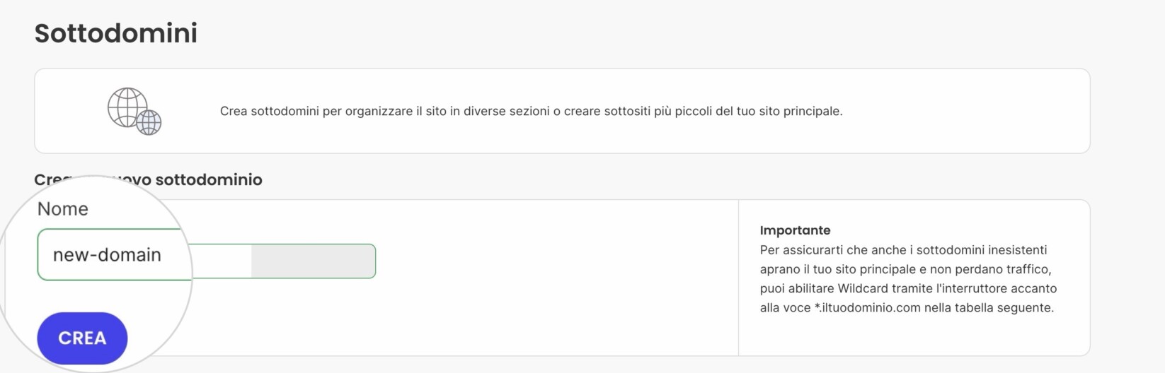 Digita il prefisso del sottodominio nel campo Nome e clicca su Crea.