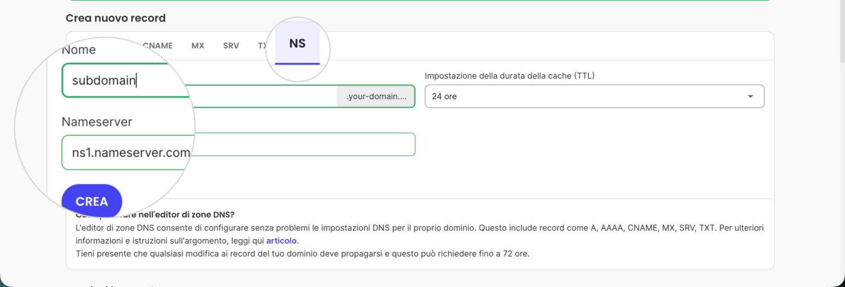 Impostazioni dei record NS nell'Editor di Zona DNS nell'Area Cliente di SiteGround