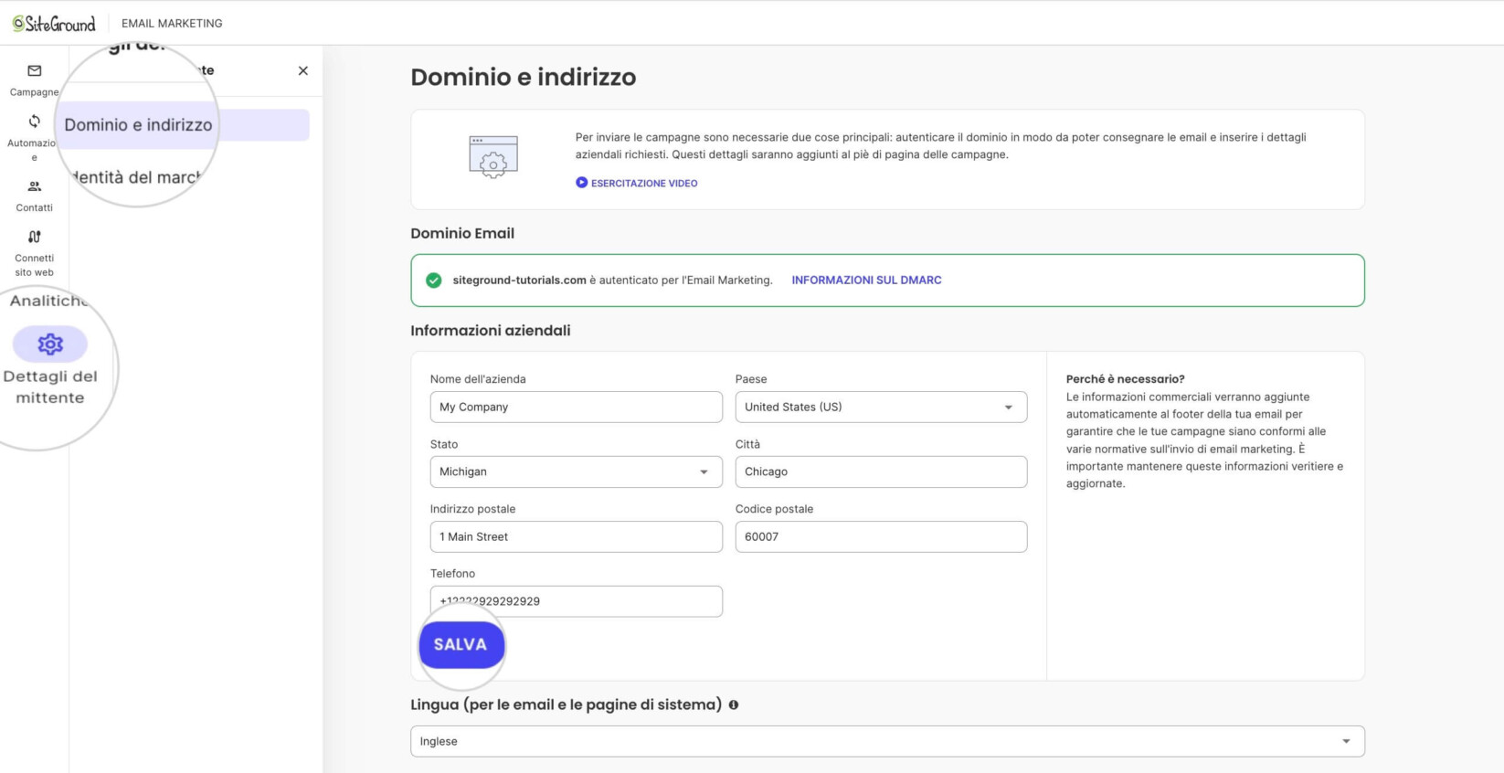 Sezione Informazioni commerciali in SiteGround Email Marketing
