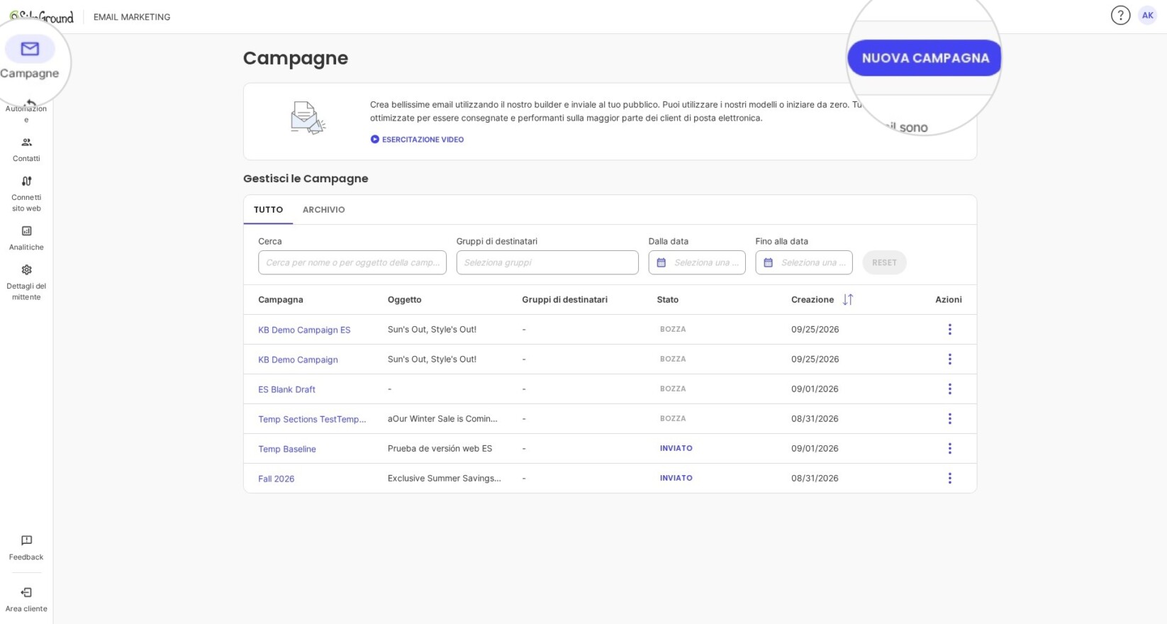 Screenshot di Come creare una nuova campagna utilizzando SiteGround Email Marketing