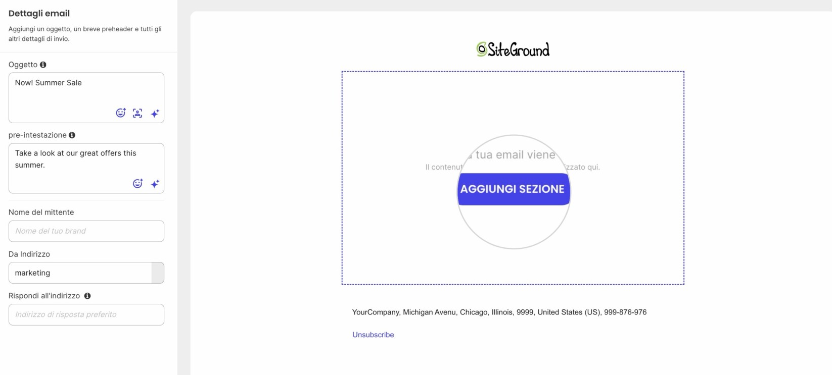 Screenshot del pulsante Aggiungi sezione nell'Email Builder