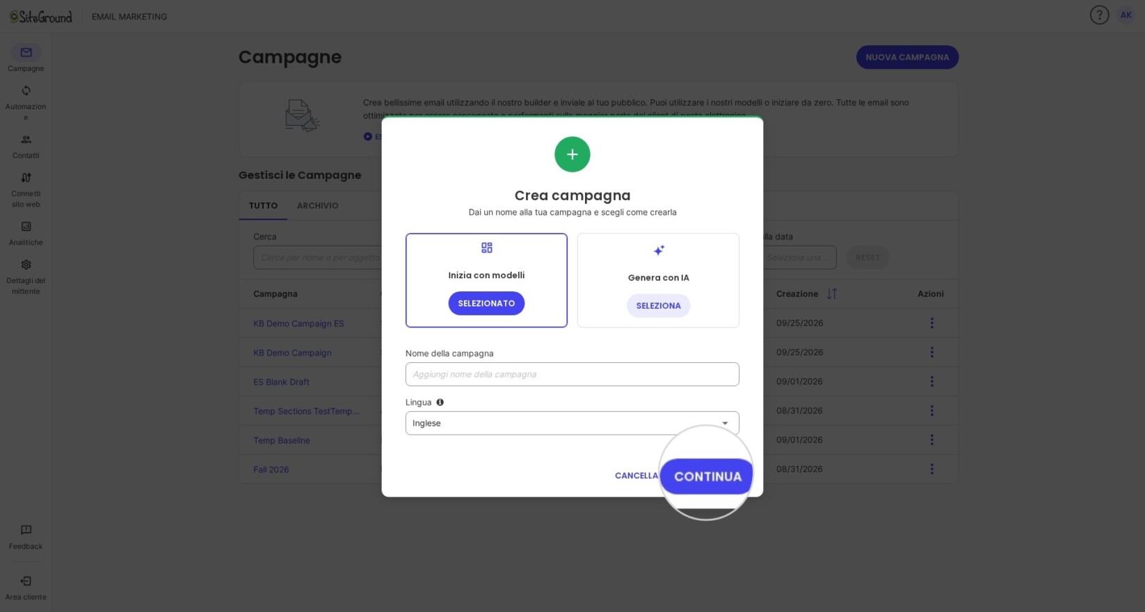 Screenshot di Come scegliere un nome per una nuova campagna in Email Marketing