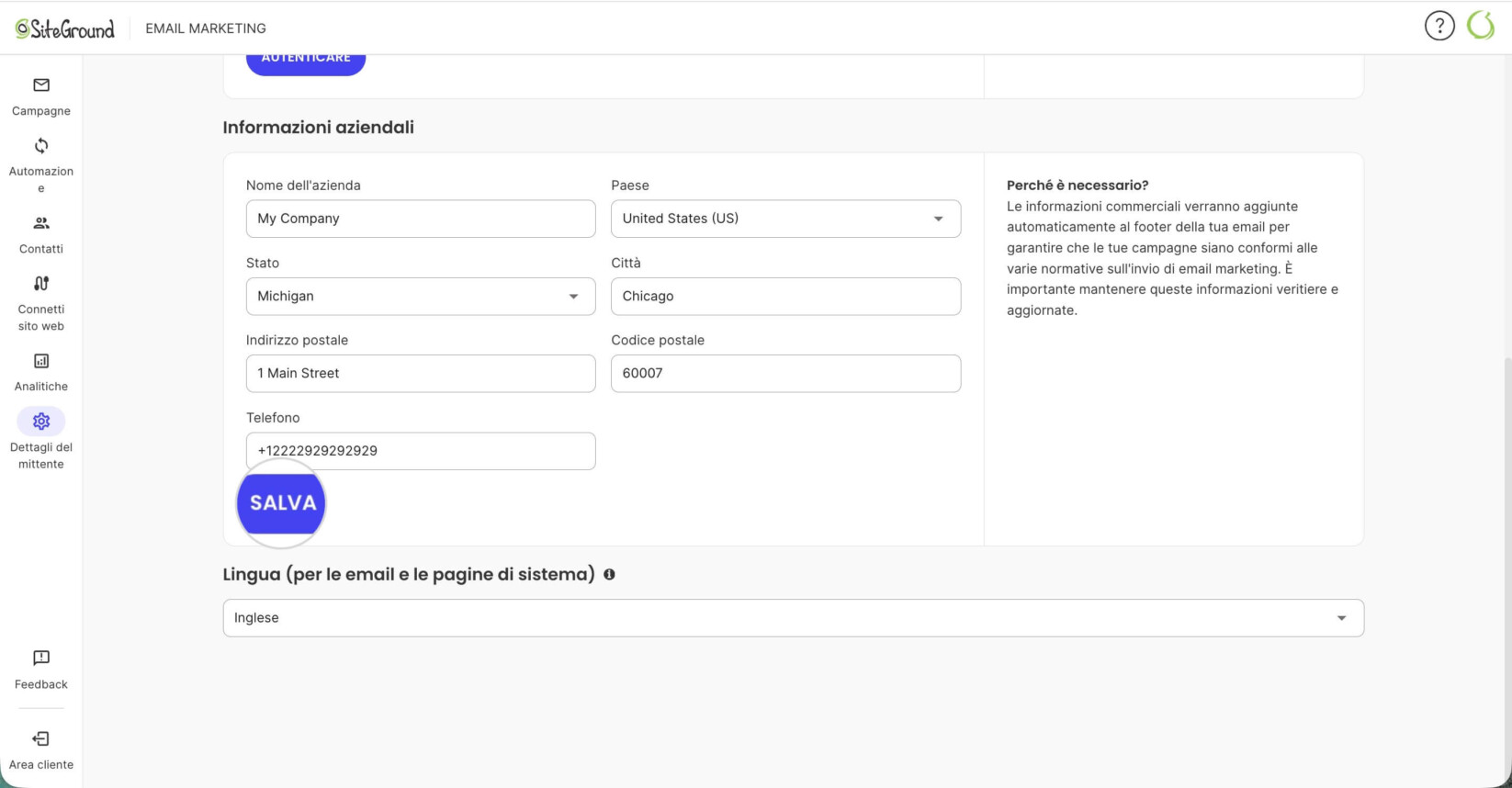 Informazioni aziendali in SiteGround Email Marketing