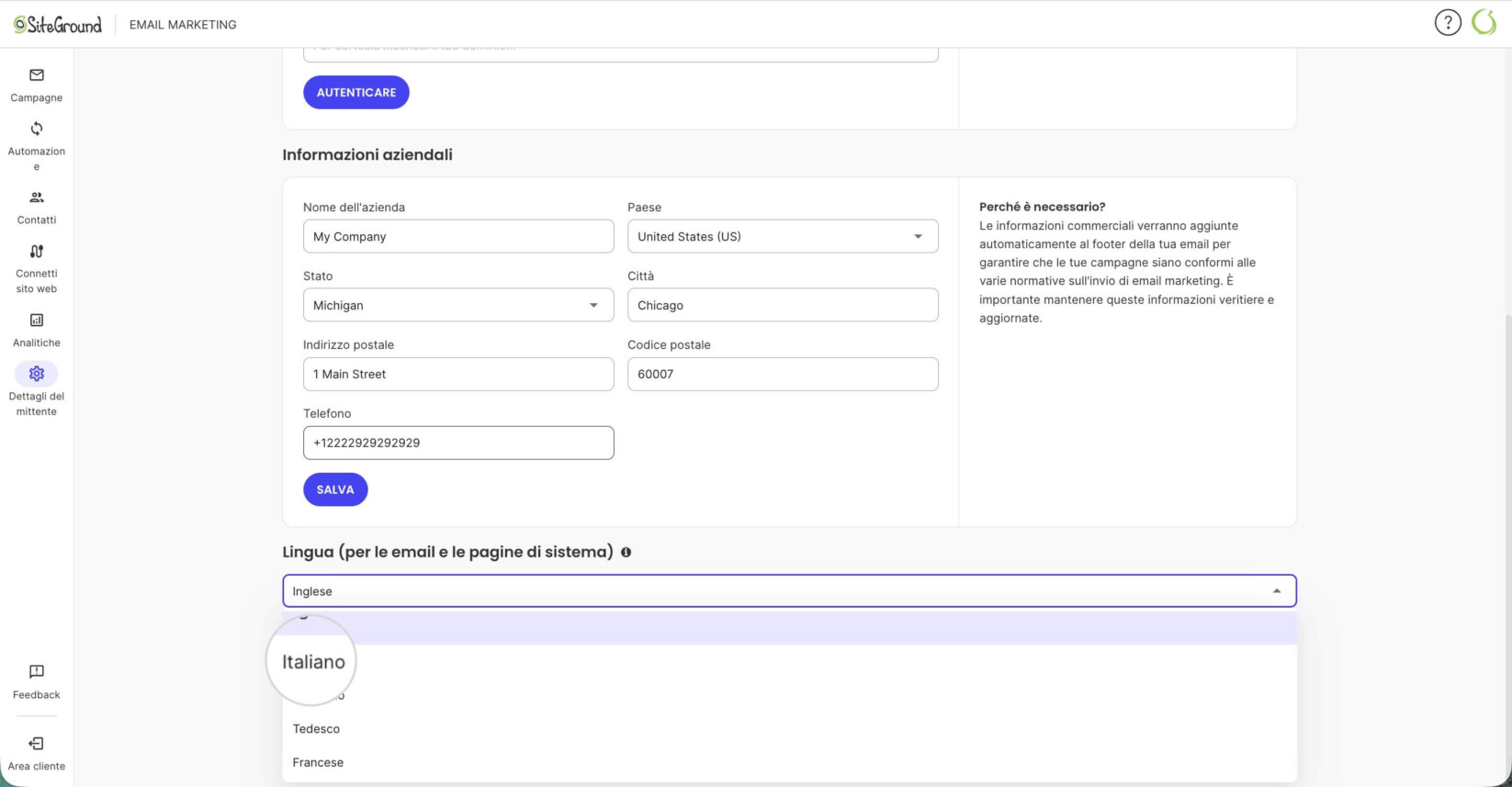 Lingua in SiteGround Email Marketing