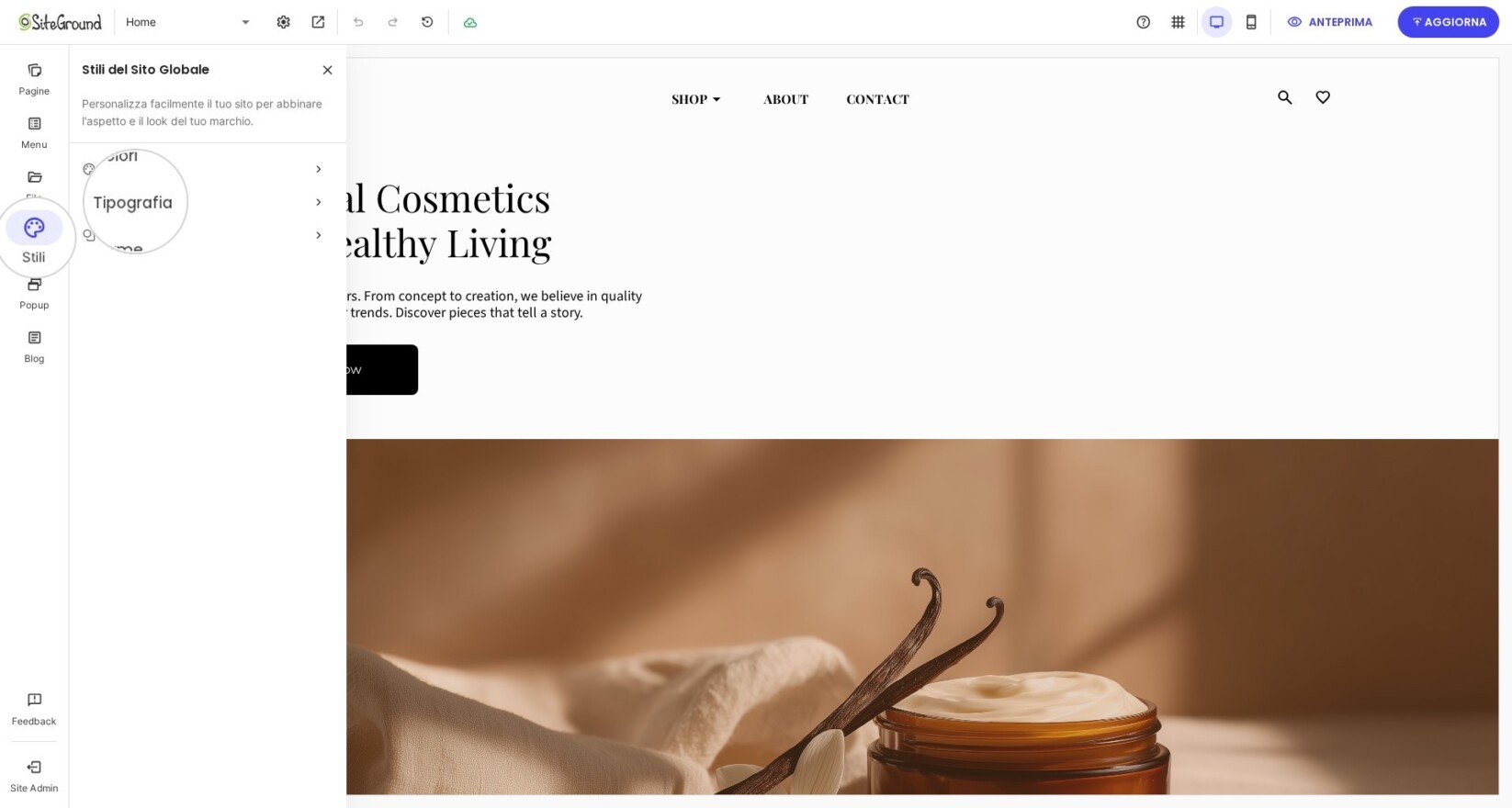 Impostazioni tipografiche nella scheda Stili di Website Builder