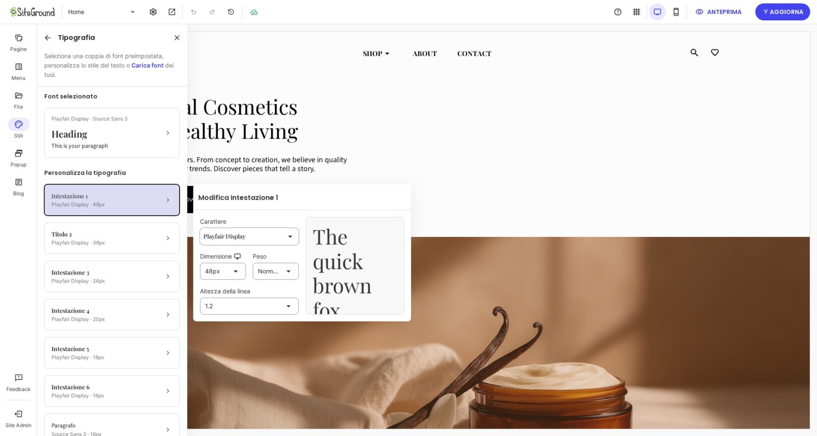 Opzioni di personalizzazione della tipografia per i font in Website Builder