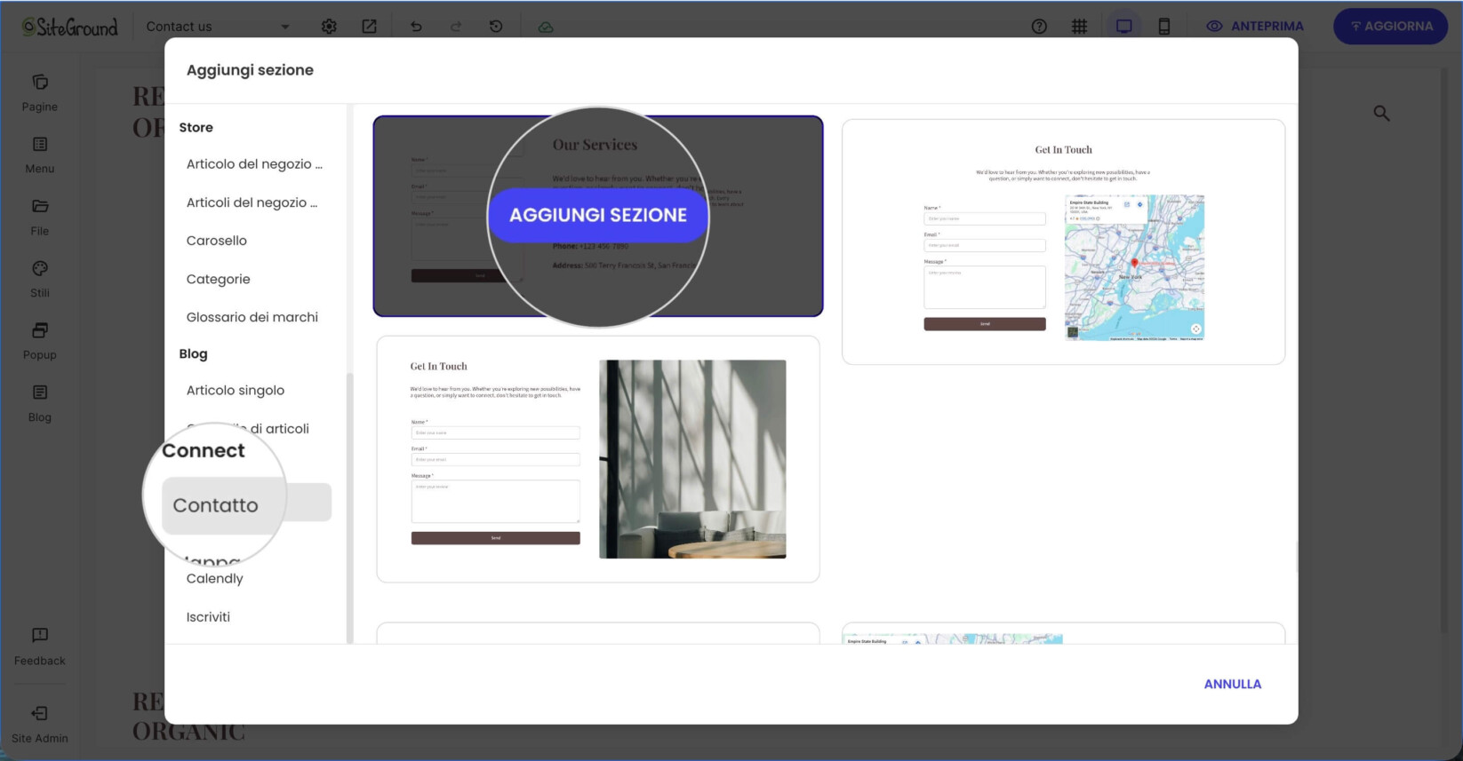 Una finestra pop-up dove puoi scegliere il layout di una sezione con un layout del modulo di contatto selezionato