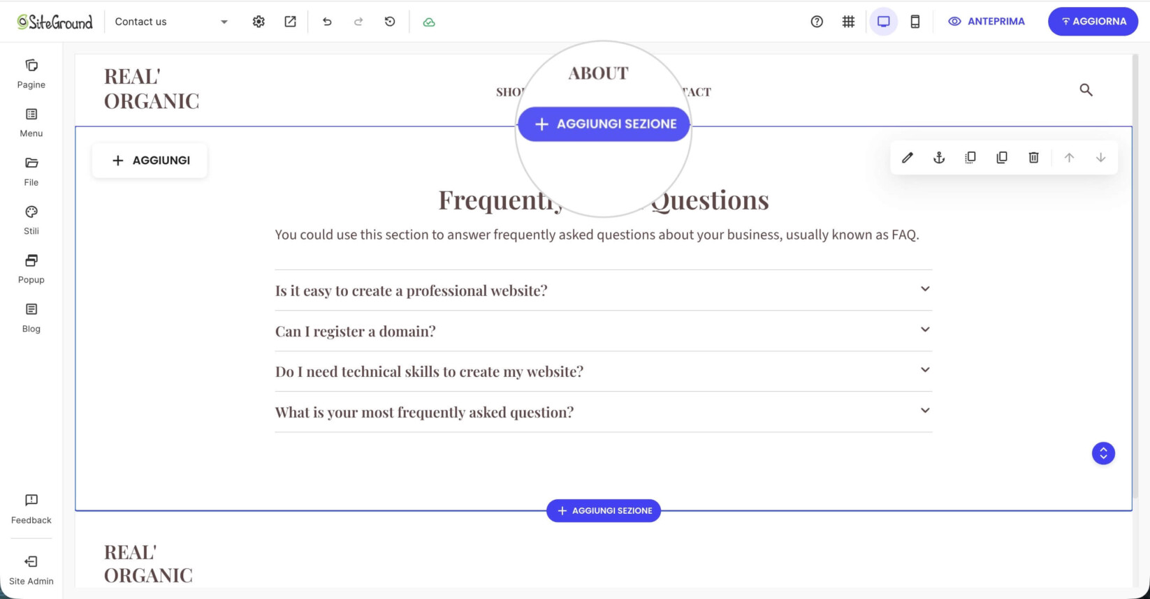 Sezione selezionata su una pagina in Website Builder con un pulsante Aggiungi sezione evidenziato