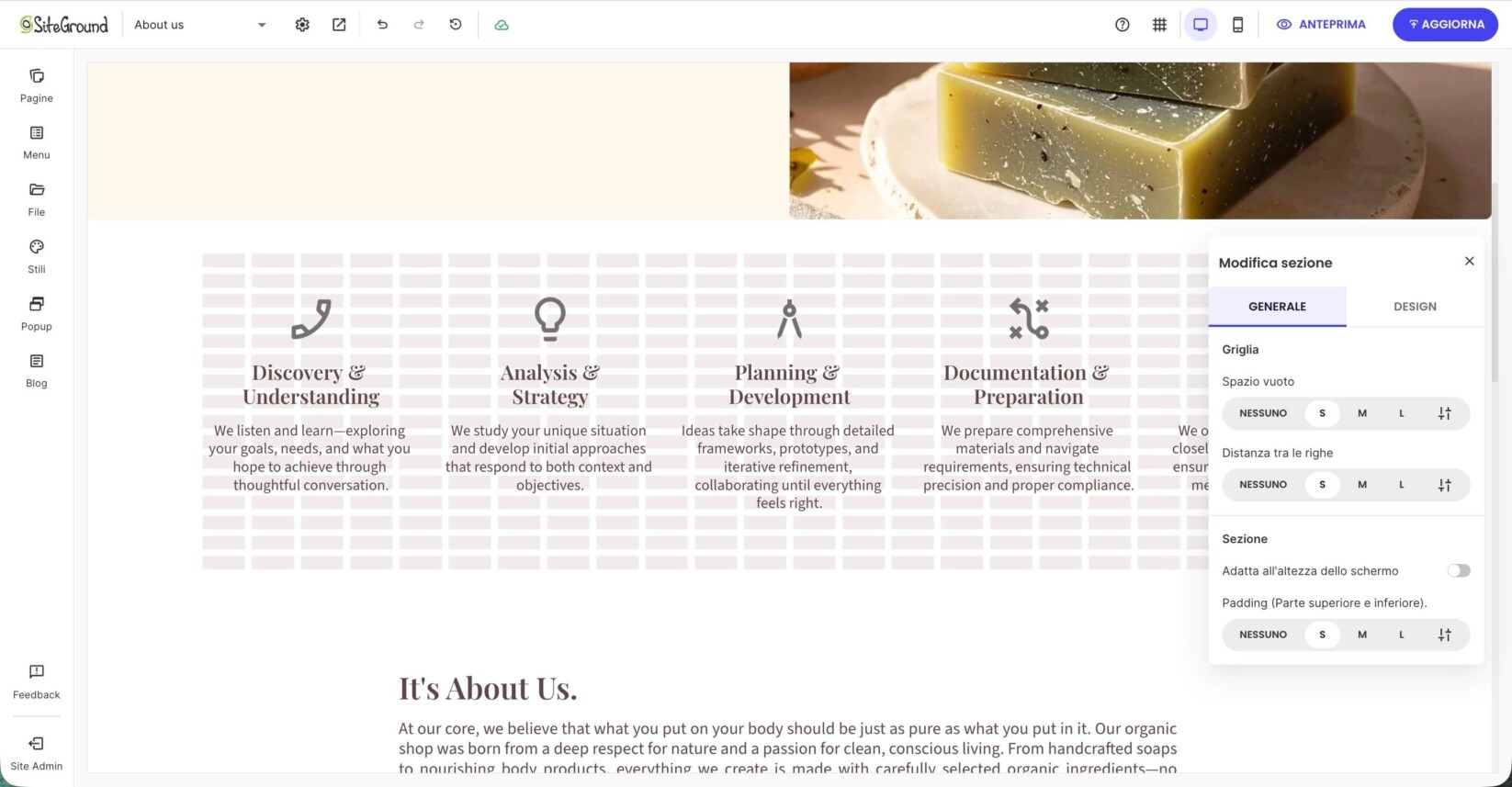 Una pagina in Website Builder che mostra una sezione modello della categoria Highlights