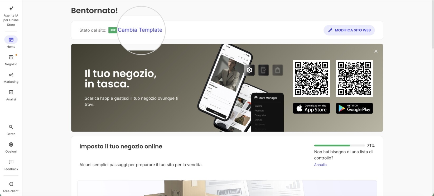 Pagina Home del Site Admin di SiteGround (« Bentornato, Aleksandar ») con un riquadro ingrandito sul link « Cambia Template », accanto allo Stato del sito LIVE e al pulsante Modifica sito web. Sotto, Azioni rapide, Prestazioni degli ultimi 7 giorni (tutto a 0) e Ordini recenti.
