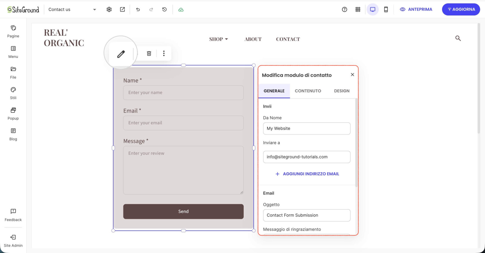 Un componente modulo di contatto dove l'icona Modifica della sua barra degli strumenti è selezionata e la finestra Impostazioni appare sulla destra con una scheda Generale aperta