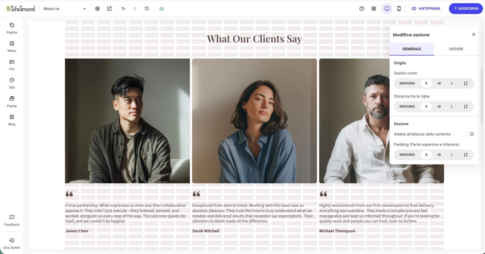 Una pagina in Website Builder che mostra una sezione modello della categoria Team