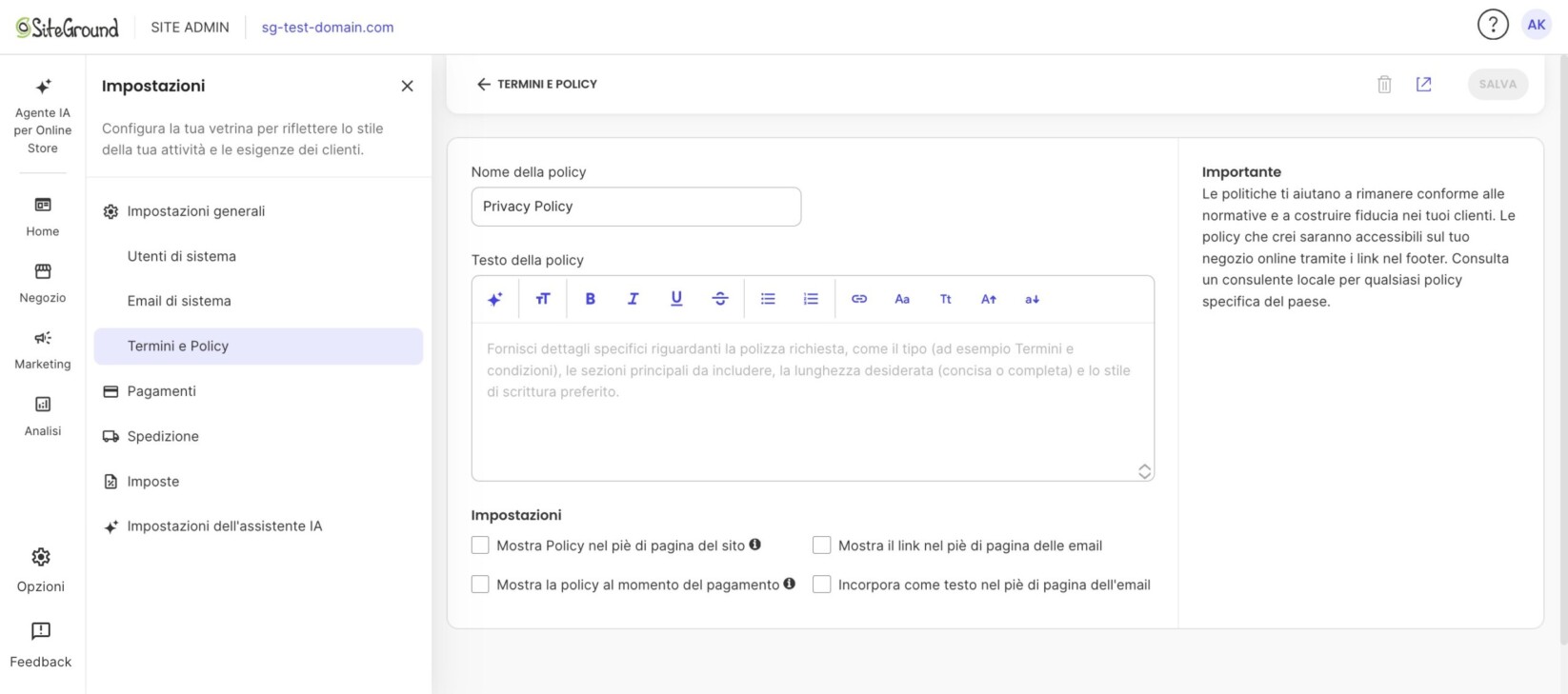 Schermata di modifica di una policy con il campo del nome, l'editor di testo e le opzioni di visualizzazione nel footer, al pagamento e nelle email