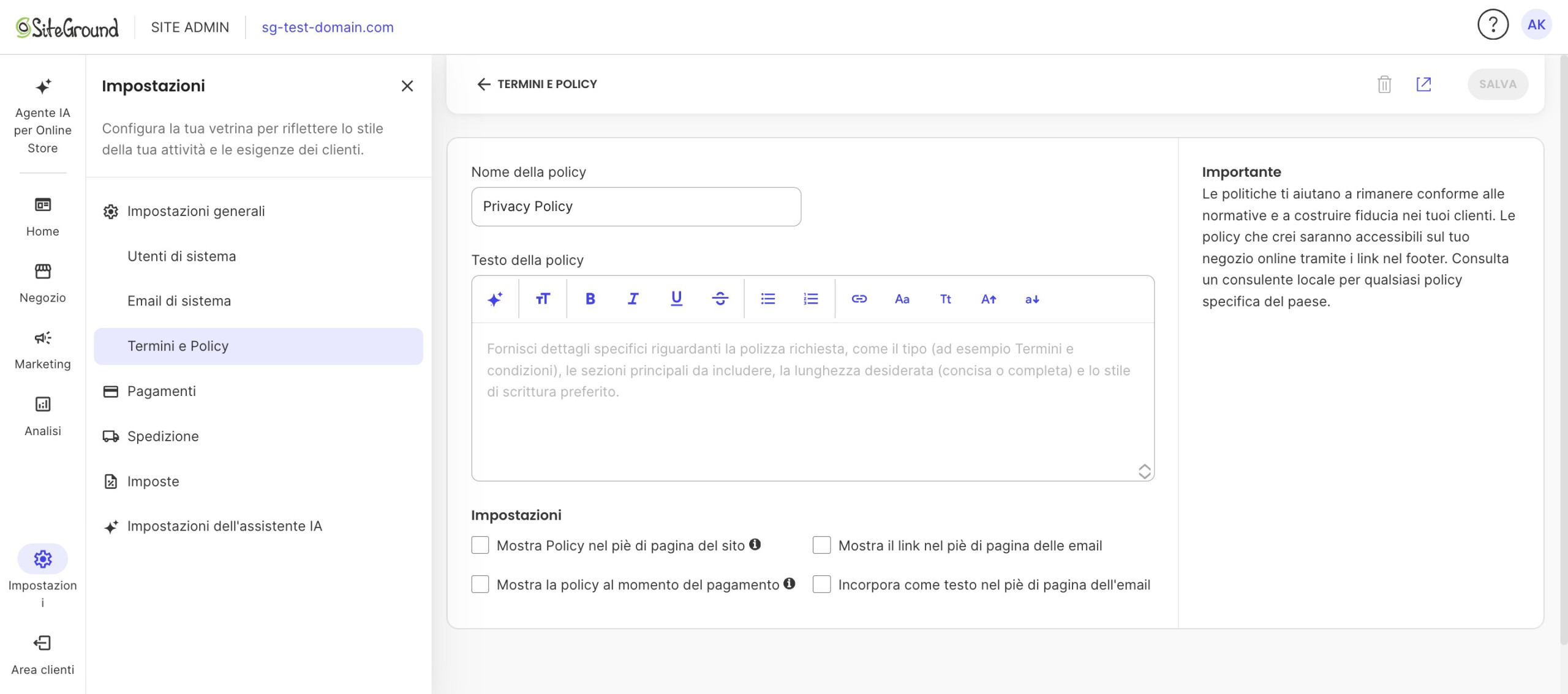 Schermata di modifica di una policy con il campo del nome, l'editor di testo e le opzioni di visualizzazione nel footer, al pagamento e nelle email