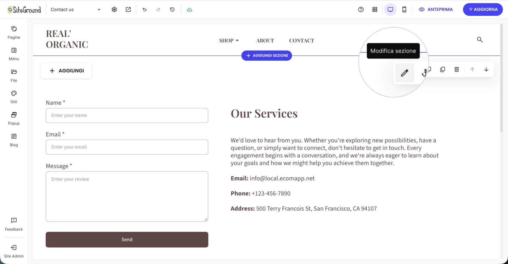 Pulsante Modifica sezione evidenziato nella barra degli strumenti nell'angolo in alto a destra di una sezione in Website Builder