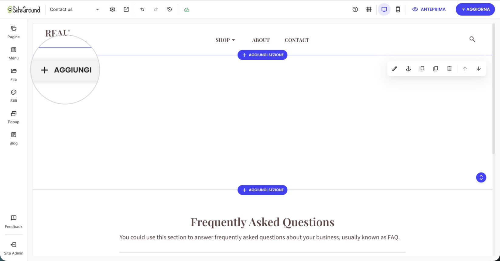 Una sezione selezionata in Website Builder con un pulsante Aggiungi evidenziato nell'angolo in alto a sinistra per aggiungere un componente