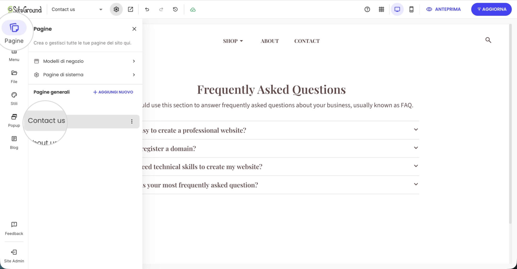 Sezione Pagine nell'editor visuale di Website Builder dove è selezionata la pagina Contattaci