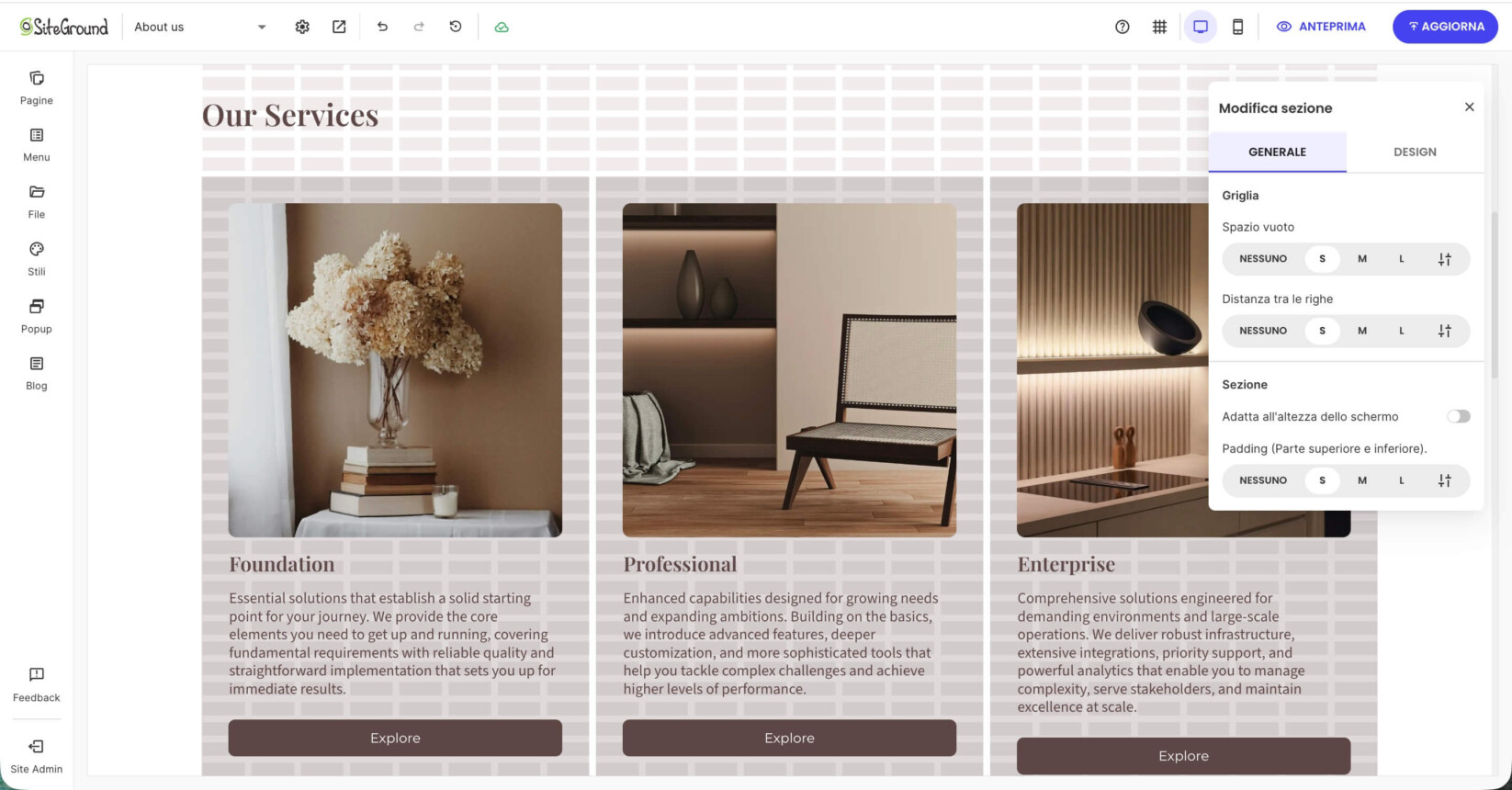 Una pagina in Website Builder che mostra una sezione modello della categoria Servizi