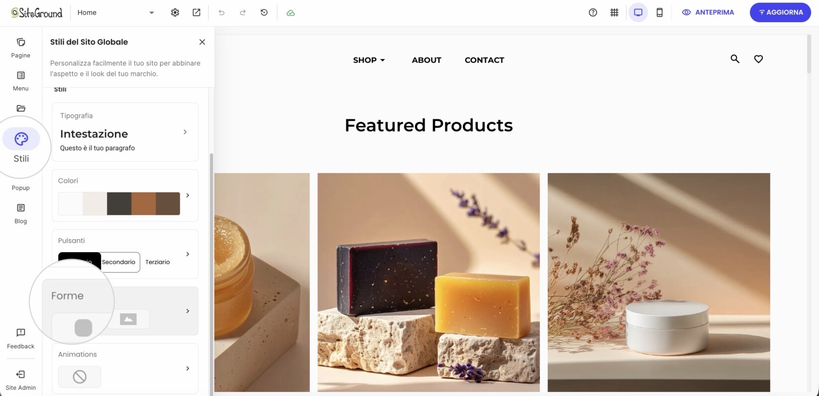 Per modificare la forma di campi, immagini e altri elementi del tuo sito web, vai prima su Site Admin > Website Builder