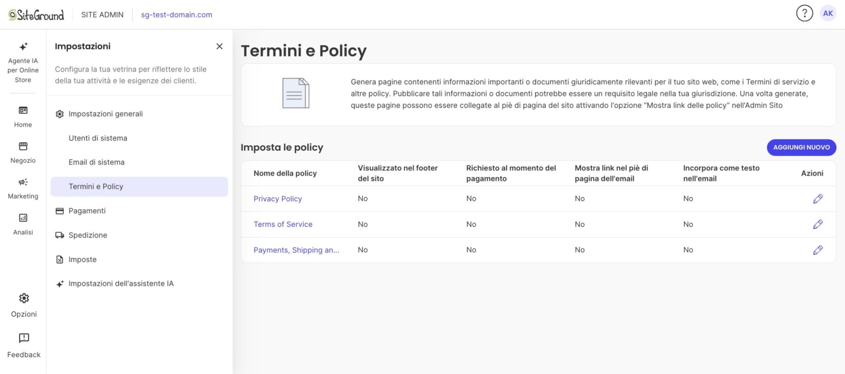 Pagina «Termini e Policy» nell'Admin Sito di SiteGround con la tabella delle policy configurate e il pulsante «Aggiungi nuovo»