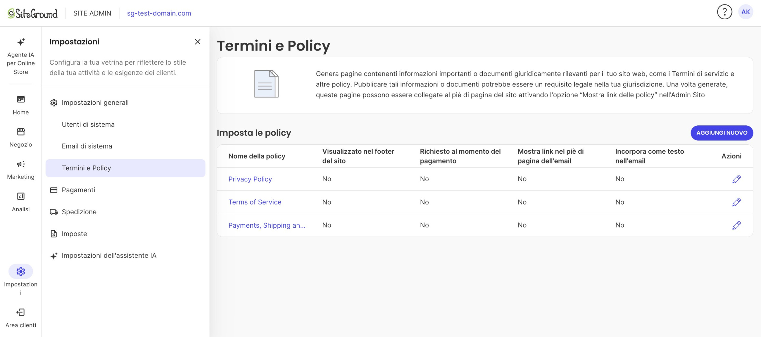 Pagina «Termini e Policy» nell'Admin Sito di SiteGround con la tabella delle policy configurate e il pulsante «Aggiungi nuovo»