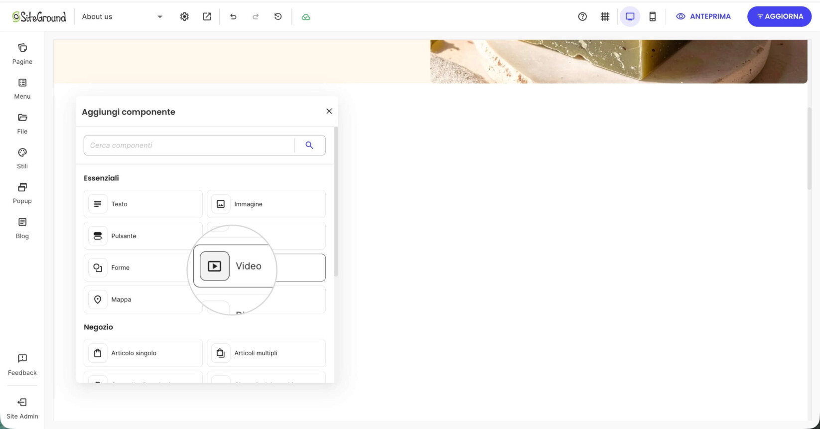 Pannello Aggiungi componente in Website Builder con l'opzione componente Video evidenziata per incorporare contenuti video