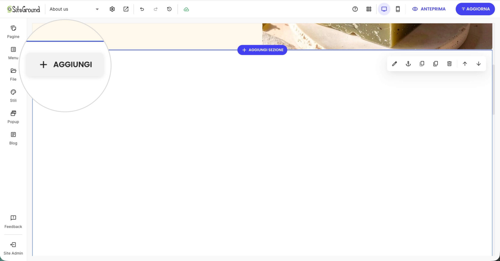 Interfaccia dell'editor di Website Builder con il pulsante Aggiungi evidenziato, utilizzato per inserire nuovi componenti come testo, immagini o video nel layout della pagina