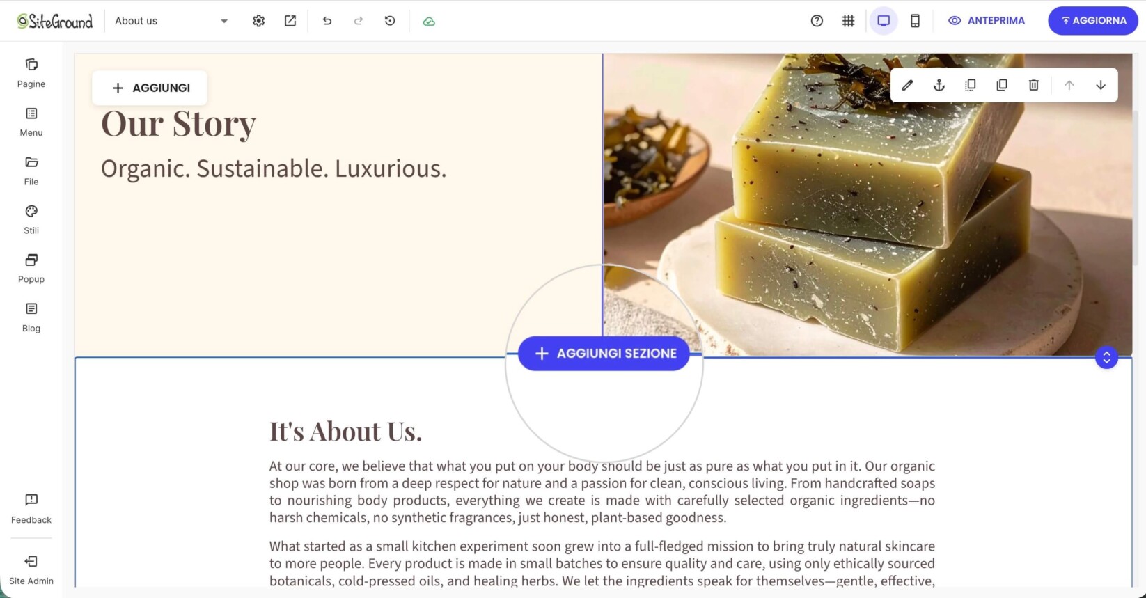 L'editor di pagine di Website Builder visualizza il pulsante Aggiungi sezione tra i blocchi di contenuto, consentendo agli utenti di inserire sezioni di layout predefinite