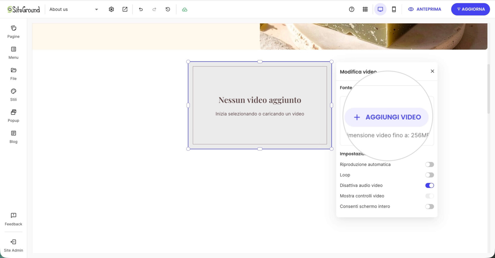 Pannello delle impostazioni del componente video che mostra il pulsante Aggiungi video e il limite di caricamento, utilizzato per selezionare o caricare una sorgente video
