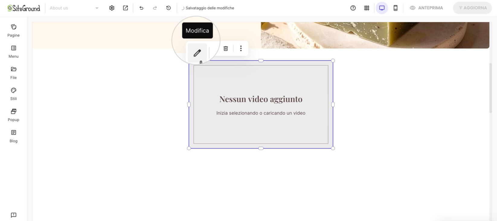 Pannello delle impostazioni del componente video con controlli per riproduzione automatica, loop, muto, controlli video e opzioni a schermo intero