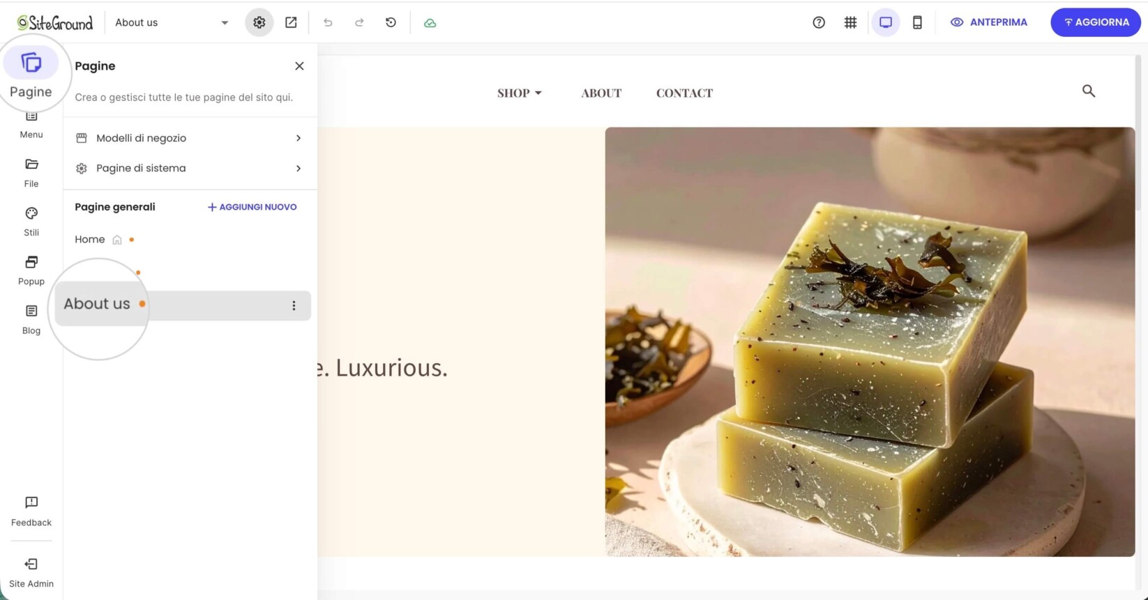 Pannello Pagine in Website Builder che mostra la pagina Chi siamo selezionata dall'elenco delle pagine del sito disponibili