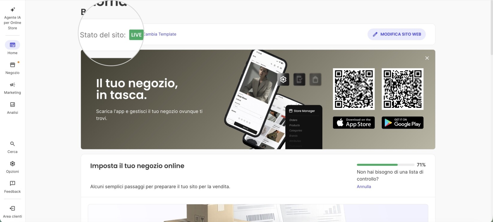 Pagina Home del Site Admin di SiteGround (« Bentornato, Aleksandar »), con un riquadro ingrandito sull'indicatore « Stato del sito: LIVE ». La pagina mostra la lista « Imposta il tuo negozio online » al 14 % e un pulsante Modifica sito web.